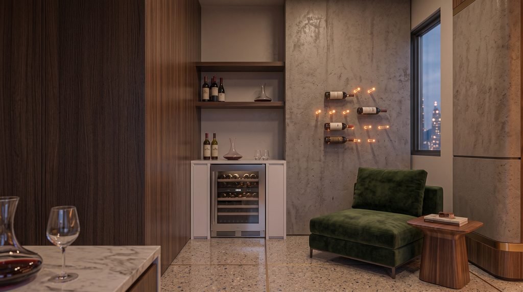 Adega climatizada de luxo iluminada em apartamento moderno, com garrafas de vinho
